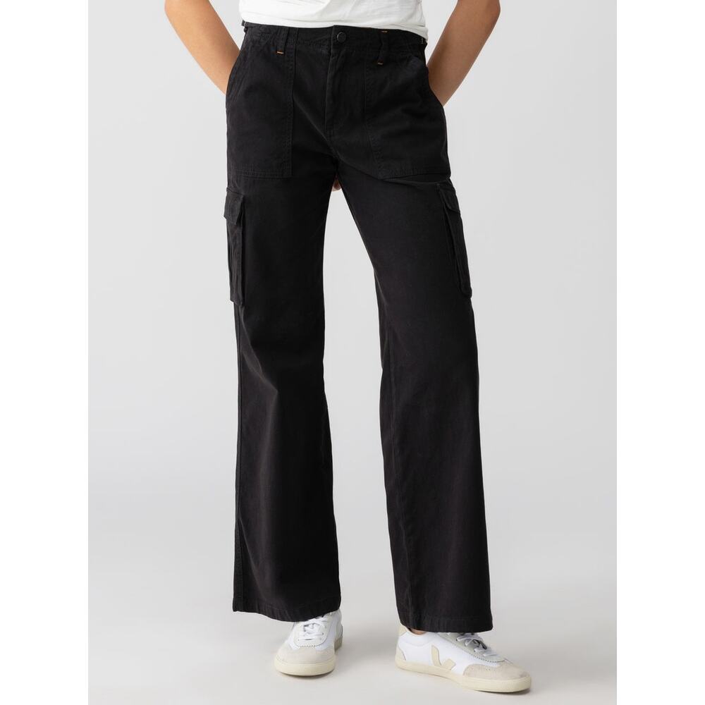 Sanctuary Reissue Cargo Pants Black Relaxed Fit Twill Pockets Flare‎ Leg Sz L